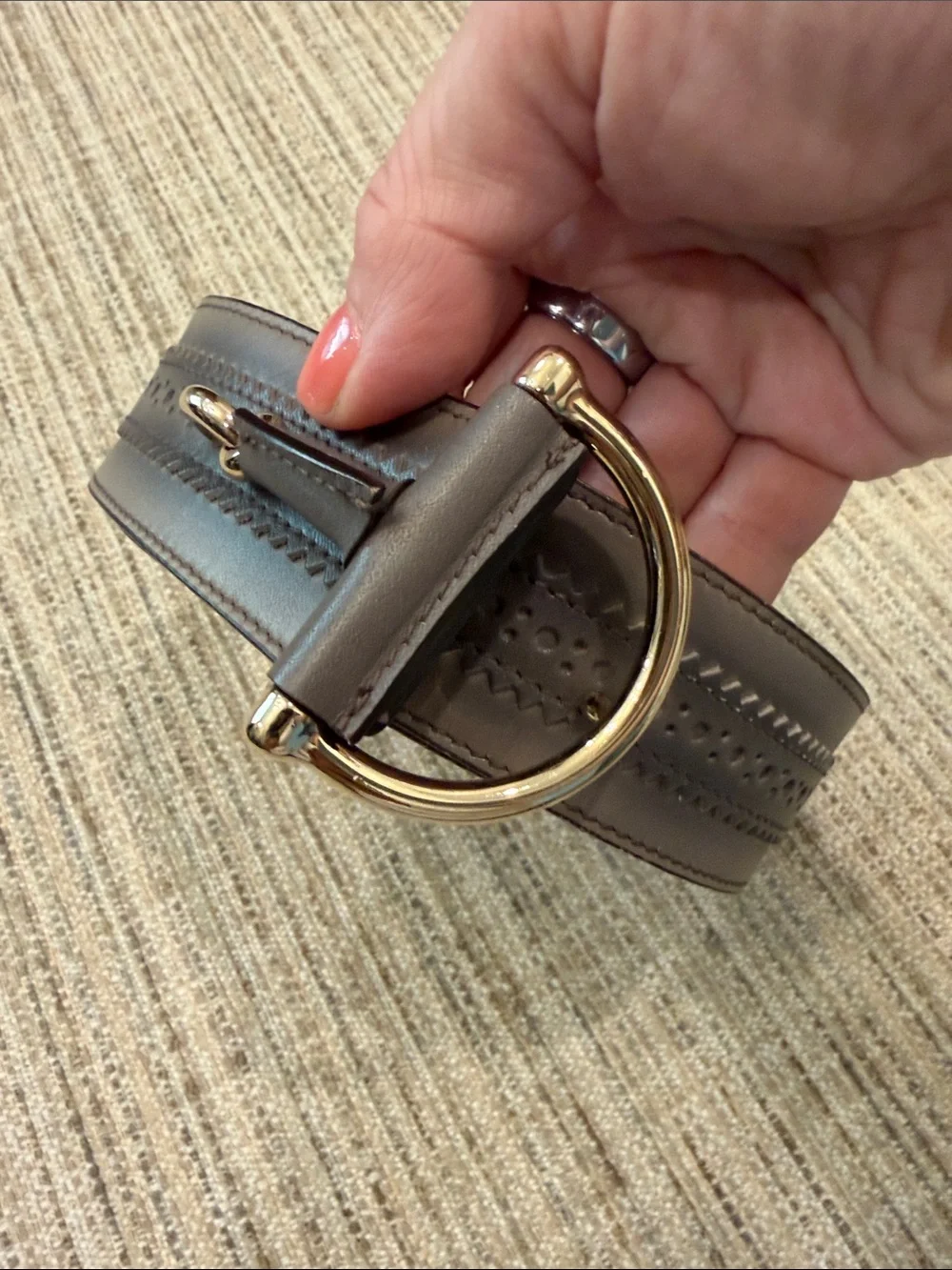 Gucci Womens’ Leather Dress Belt in Gray and Tan with Gold Buckle Sz 32